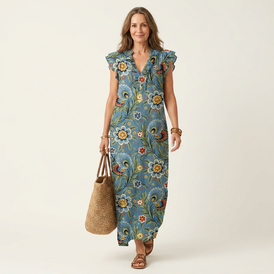 Miranda | Vestito lungo con volant e scollo a V