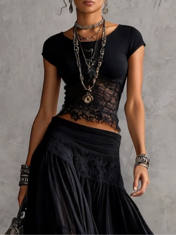 Lucía - Top in pizzo nero gonna plissettata
