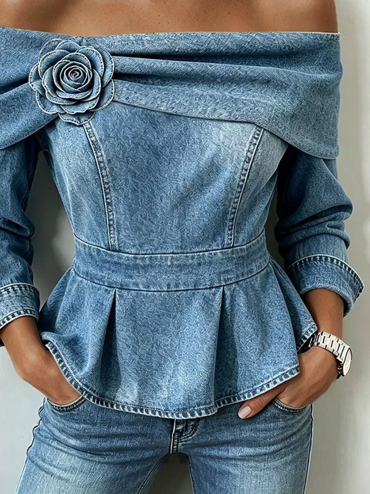 Teresa - Top Peplum Chic in Jeans con Spalle Scoperte