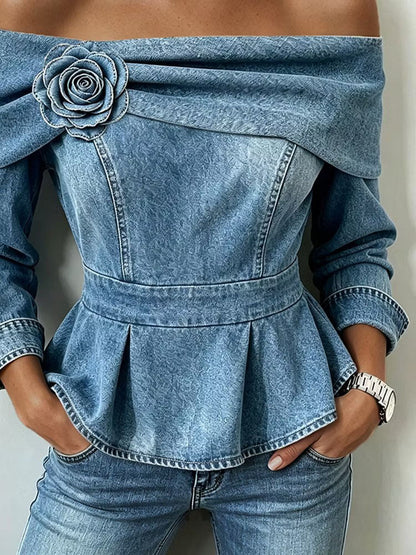 Teresa - Top Peplum Chic in Jeans con Spalle Scoperte