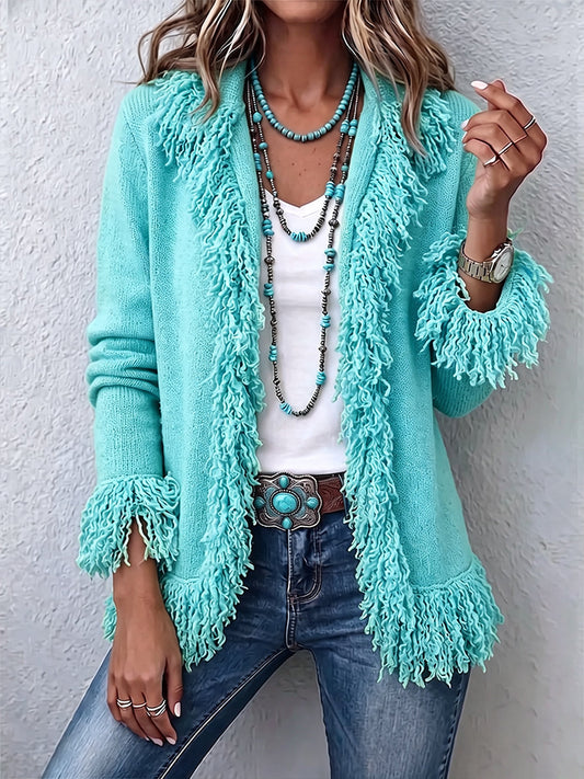 Verónica - Cardigan Boho con frange verde chartreuse vibrante