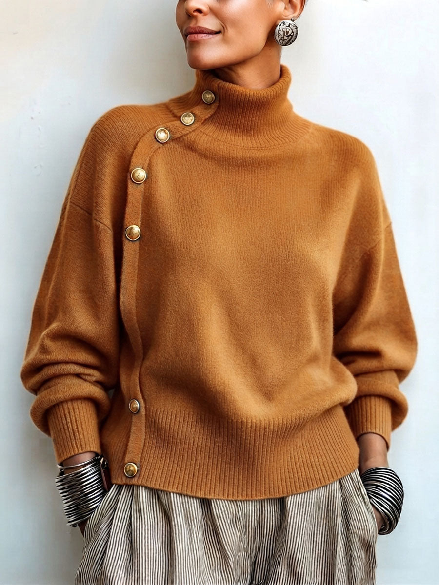 Susana - Maglione a Collo Alto Chic Elegante con Bottonatura Asimmetrica