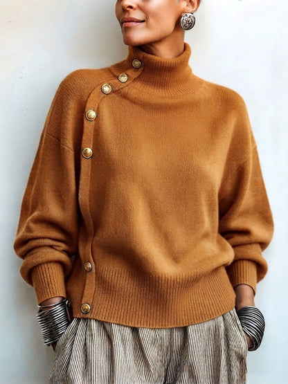 Susana - Maglione a Collo Alto Chic Elegante con Bottonatura Asimmetrica