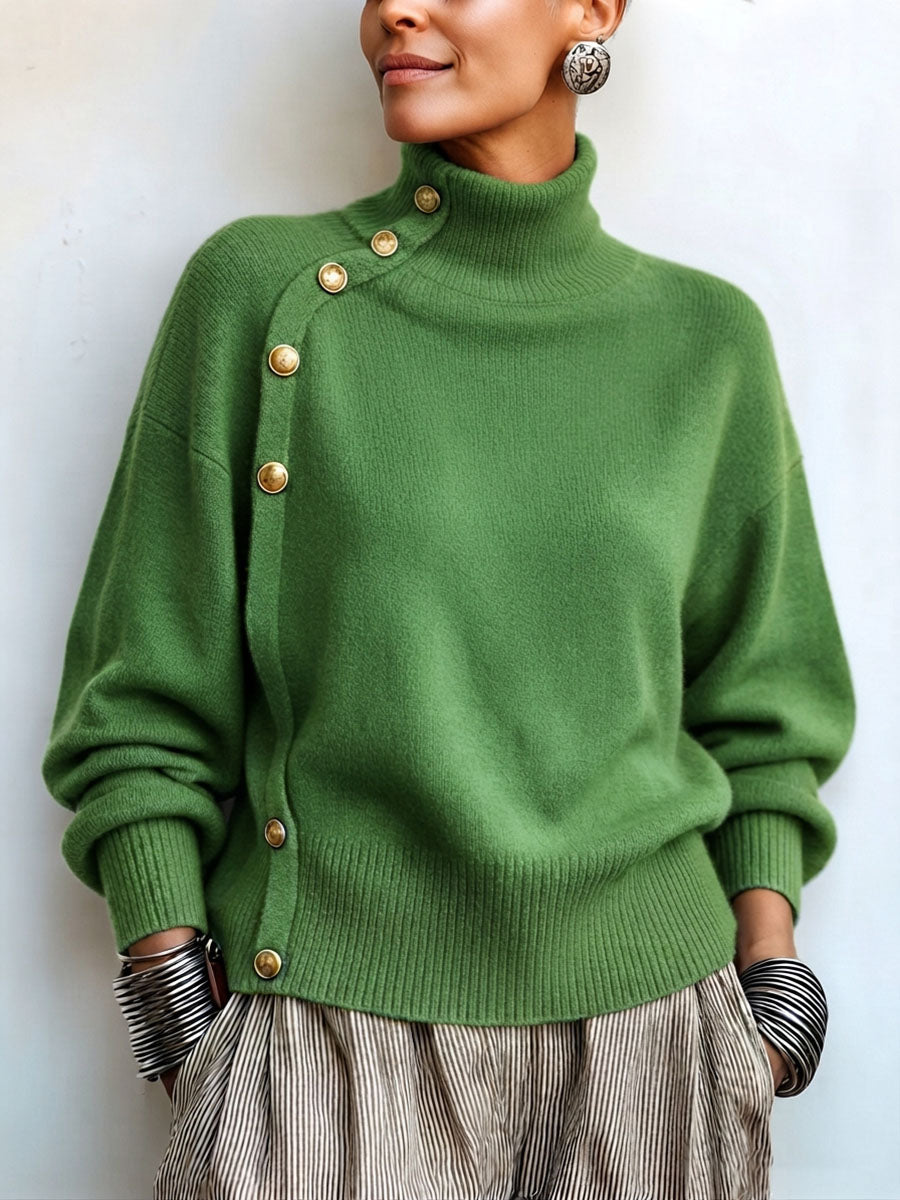 Susana - Maglione a Collo Alto Chic Elegante con Bottonatura Asimmetrica
