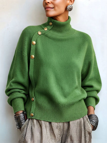 Susana - Maglione a Collo Alto Chic Elegante con Bottonatura Asimmetrica