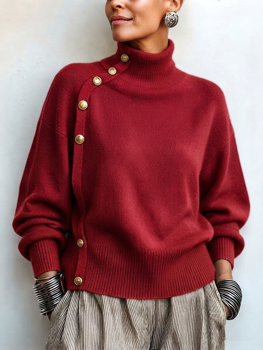 Susana - Maglione a Collo Alto Chic Elegante con Bottonatura Asimmetrica