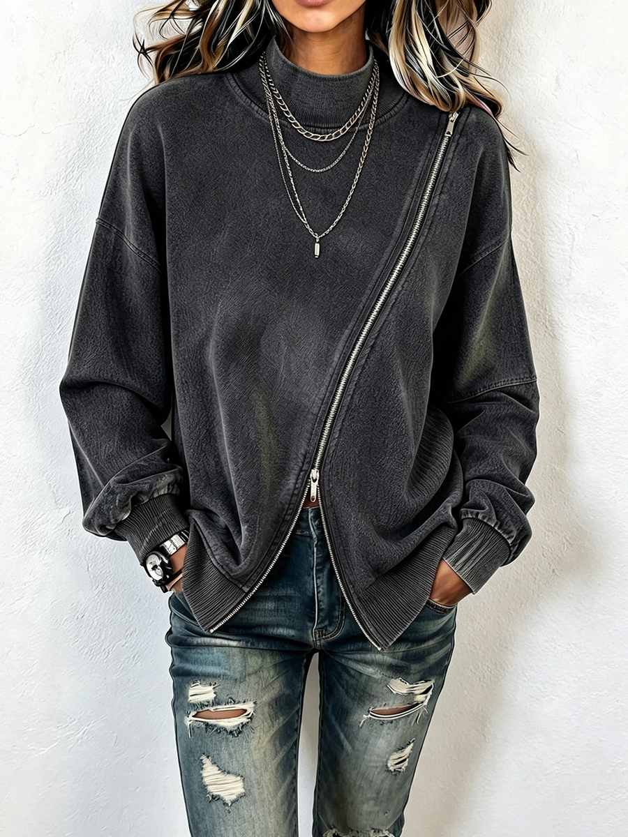 Nerea - Felpa asimmetrica con zip in cotone lavato