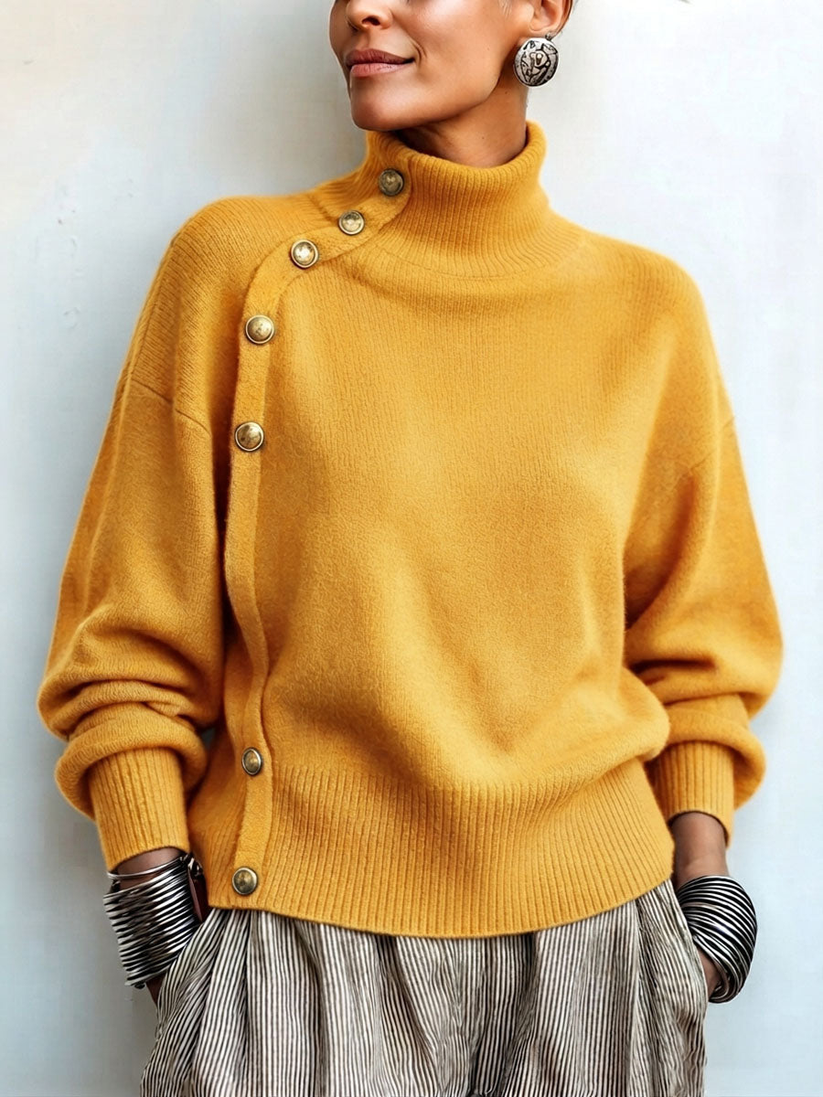 Susana - Maglione a Collo Alto Chic Elegante con Bottonatura Asimmetrica