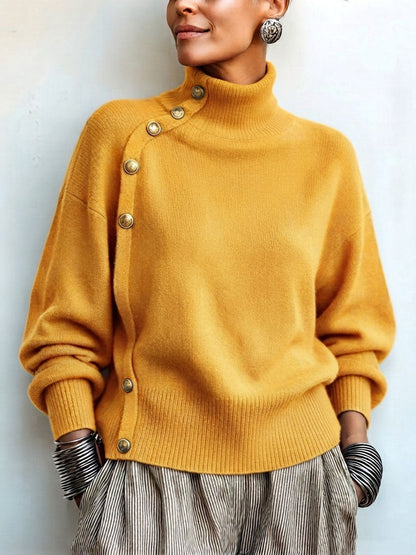 Susana - Maglione a Collo Alto Chic Elegante con Bottonatura Asimmetrica