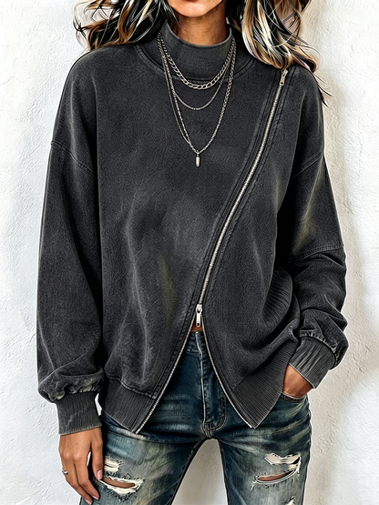 Nerea - Felpa asimmetrica con zip in cotone lavato