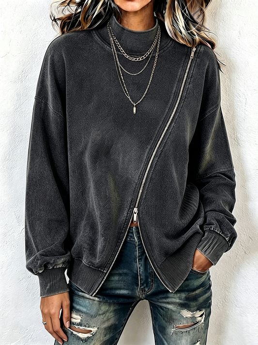 Nerea - Felpa asimmetrica con zip in cotone lavato