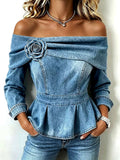 Teresa - Top Peplum Chic in Jeans con Spalle Scoperte