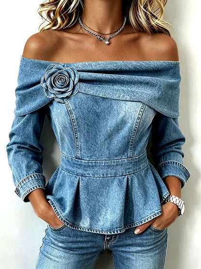 Teresa - Top Peplum Chic in Jeans con Spalle Scoperte