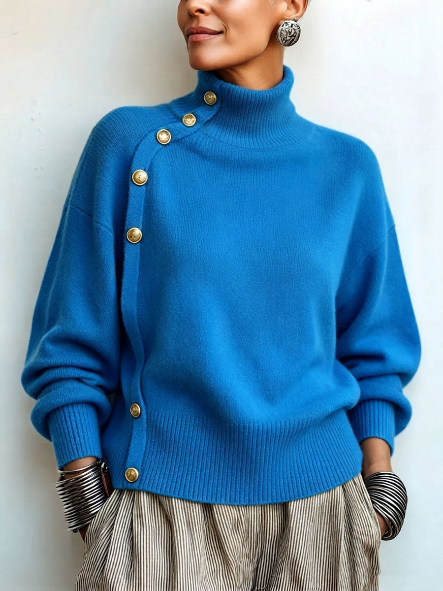 Susana - Maglione a Collo Alto Chic Elegante con Bottonatura Asimmetrica