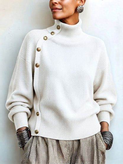 Susana - Maglione a Collo Alto Chic Elegante con Bottonatura Asimmetrica
