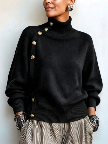 Susana - Maglione a Collo Alto Chic Elegante con Bottonatura Asimmetrica