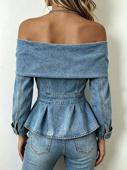 Teresa - Top Peplum Chic in Jeans con Spalle Scoperte
