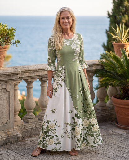Rosalía - Abito midi verde con inserto floreale