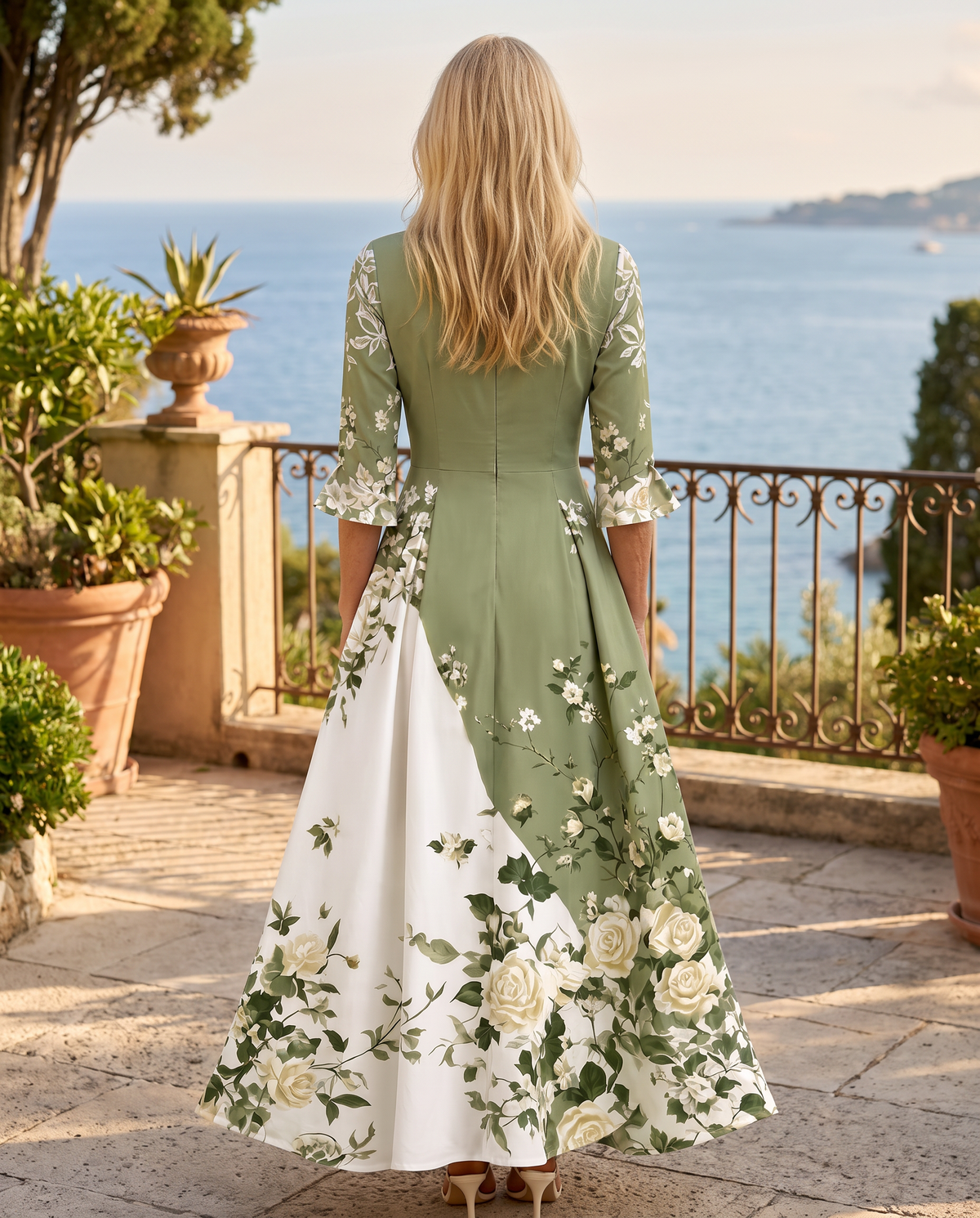 Rosalía - Abito midi verde con inserto floreale