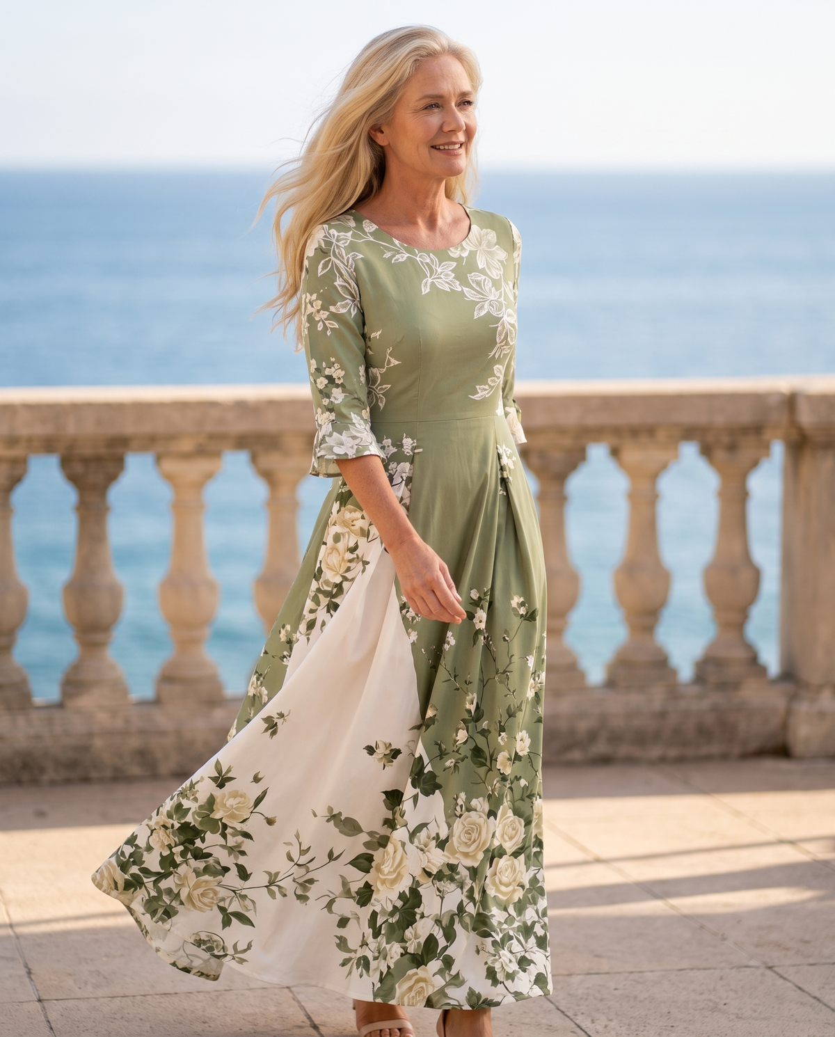 Rosalía - Abito midi verde con inserto floreale
