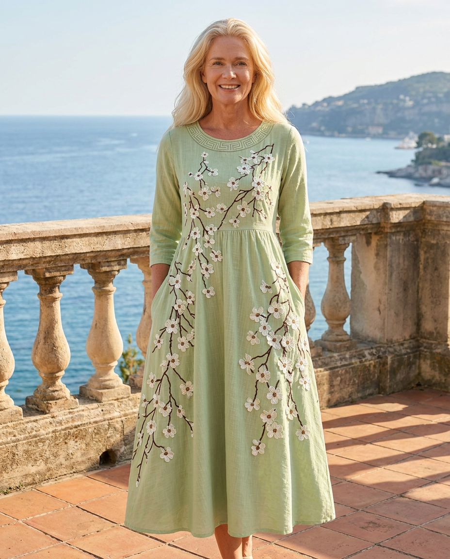 Aurora - Abito midi verde con fiori ricamati